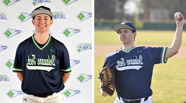 On the left, a photo of Cade Williams pitching a baseball during a game. On the right, a photo of Cade Williams in his uniform standing in front of a Delaware Tech Baseball backdrop.