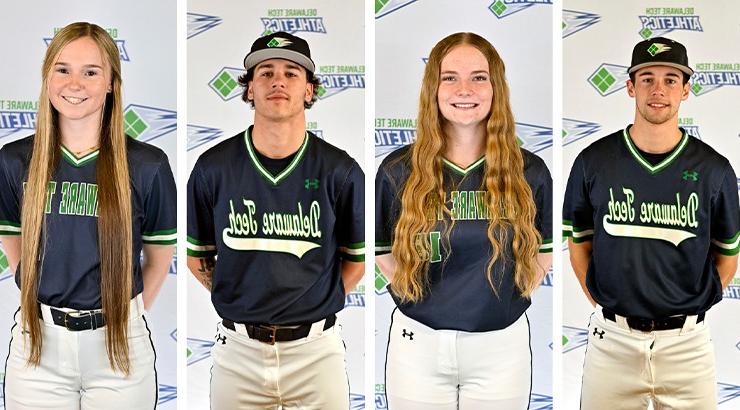 A collage of athletes Hunter Rauch, Macey Myers, Chase Boyle, and Logan Walls posed in front of a Delaware Tech Athletics backdrop in their sports uniforms