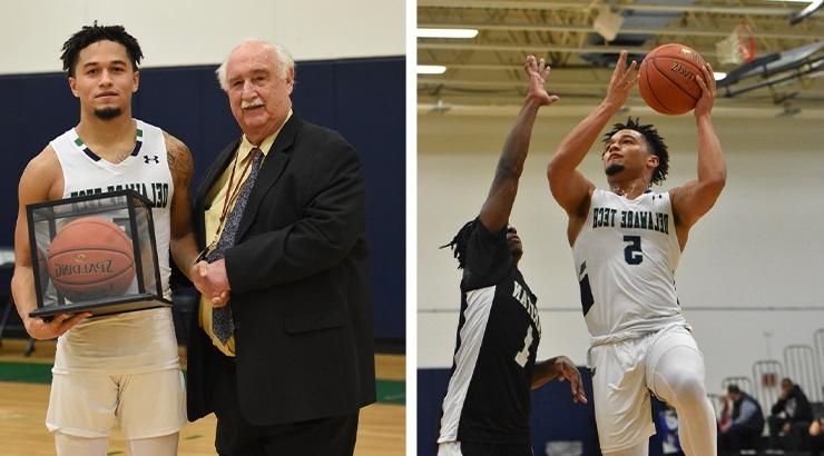 A photo of Syed Myles playing basketball and a photo of Syed Myles shaking hands with his coach, Richard Rago